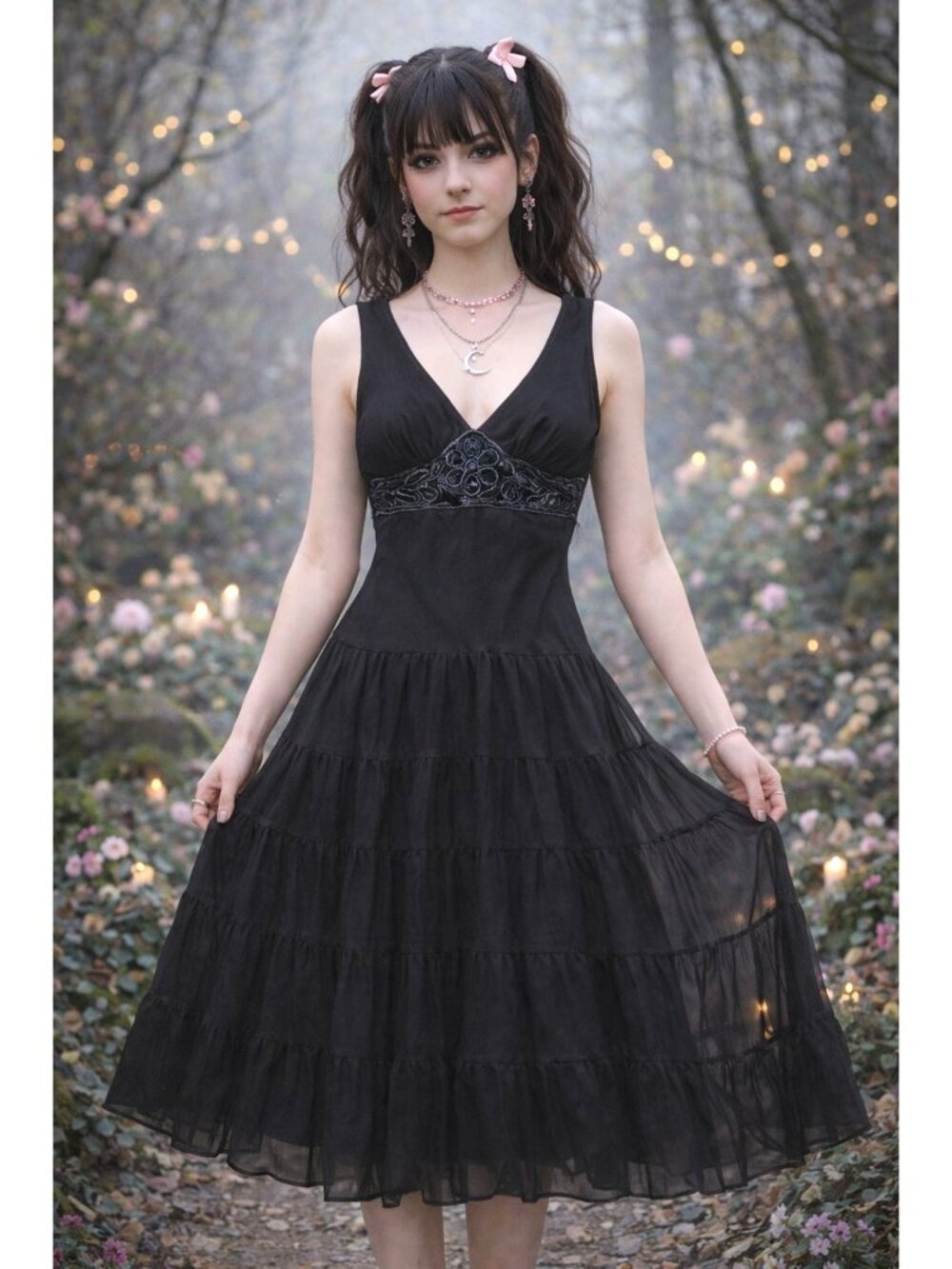 Silk Empire Waist women's size M y2K BlackTiered Midi Dress Jonathan Martin